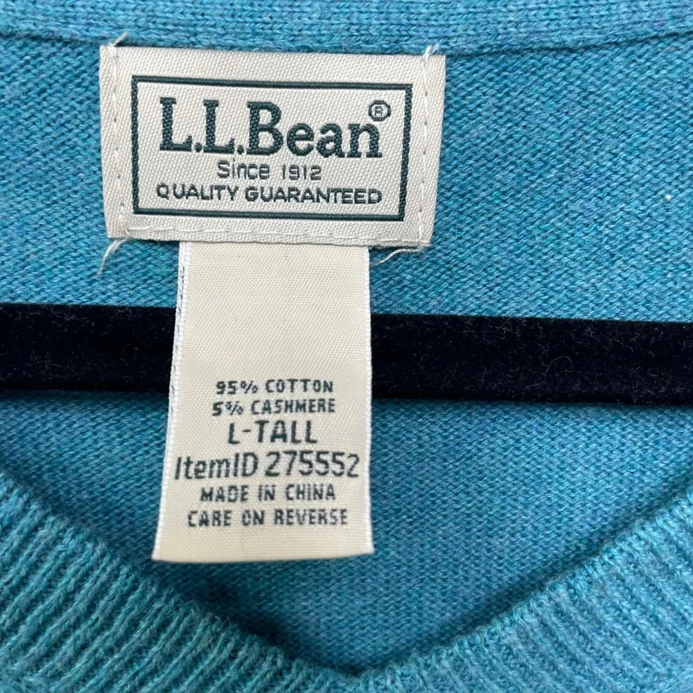 LL Bean Mens V-Neck Sweater Teal Blue Cotton Cashmere Blend L-Tall Preppy Gorp
